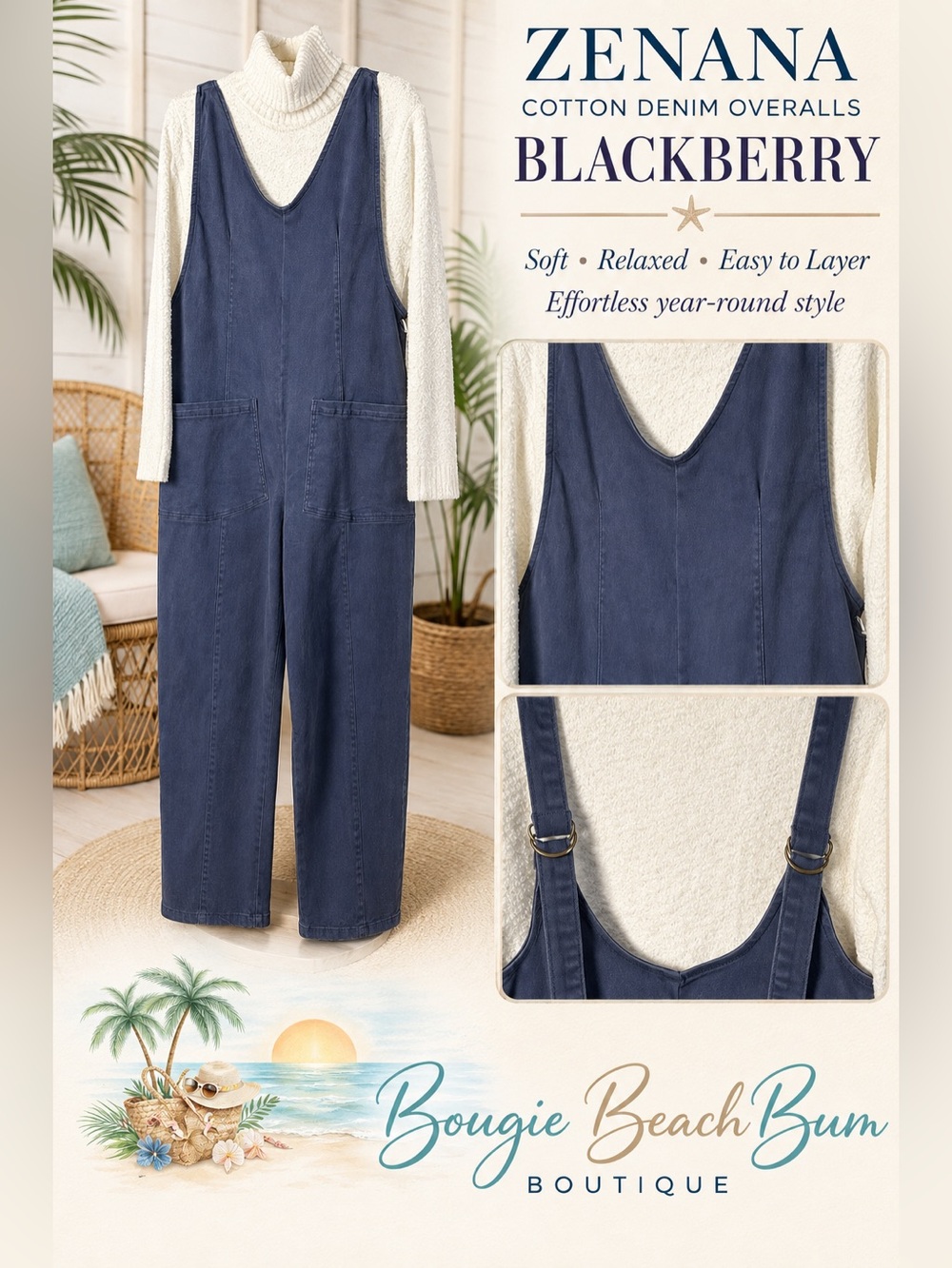 Zenana Outfitters Blackberry Cotton Denim Overalls in Deep Navy